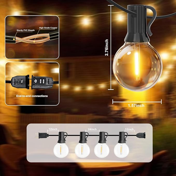 LED String Lights 100FT Outdoor - 50 Shatterproof G40 Bulbs +2 Spare, Waterproof Connectable for Patio Garden Party (Warm White 2700K)