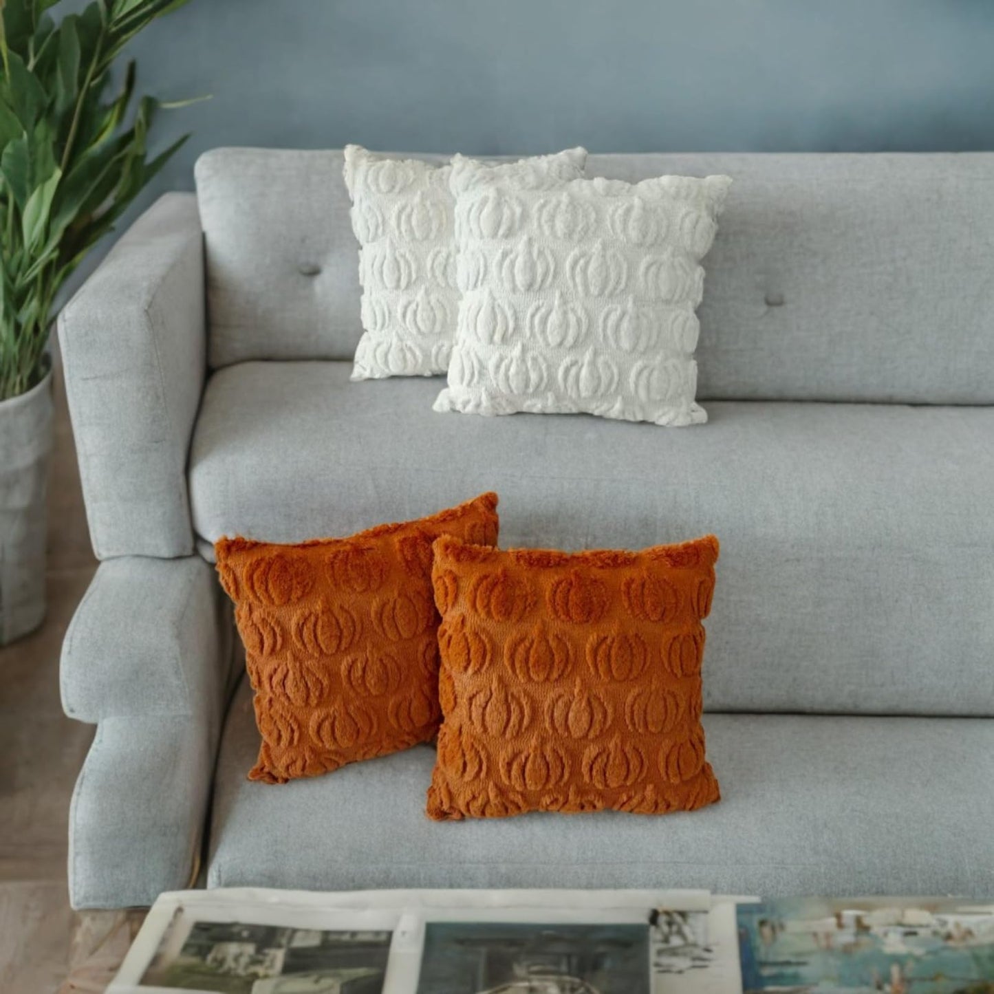 HDVUHKI Fall Pumpkin Throw Pillow Covers 18x18 inch Set of 4, Rust Red and White Autumn Thanksgiving Farmhouse Living Room Soft Fluffy Plush Faux Fur Wool Decorations for Sofa Couch Bed