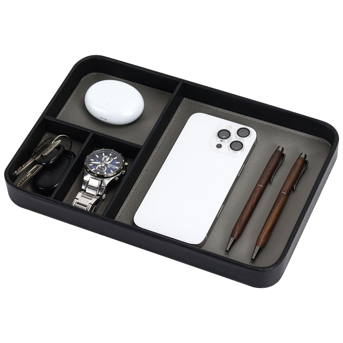 MultiBey Vegan Leather Valet Tray - 4-Compartment EDC Catchall Tray for Nightstand & Entryway Table - Minimalist Desk Organizer for Keys, Wallet, Watch, Phone & Jewelry Black