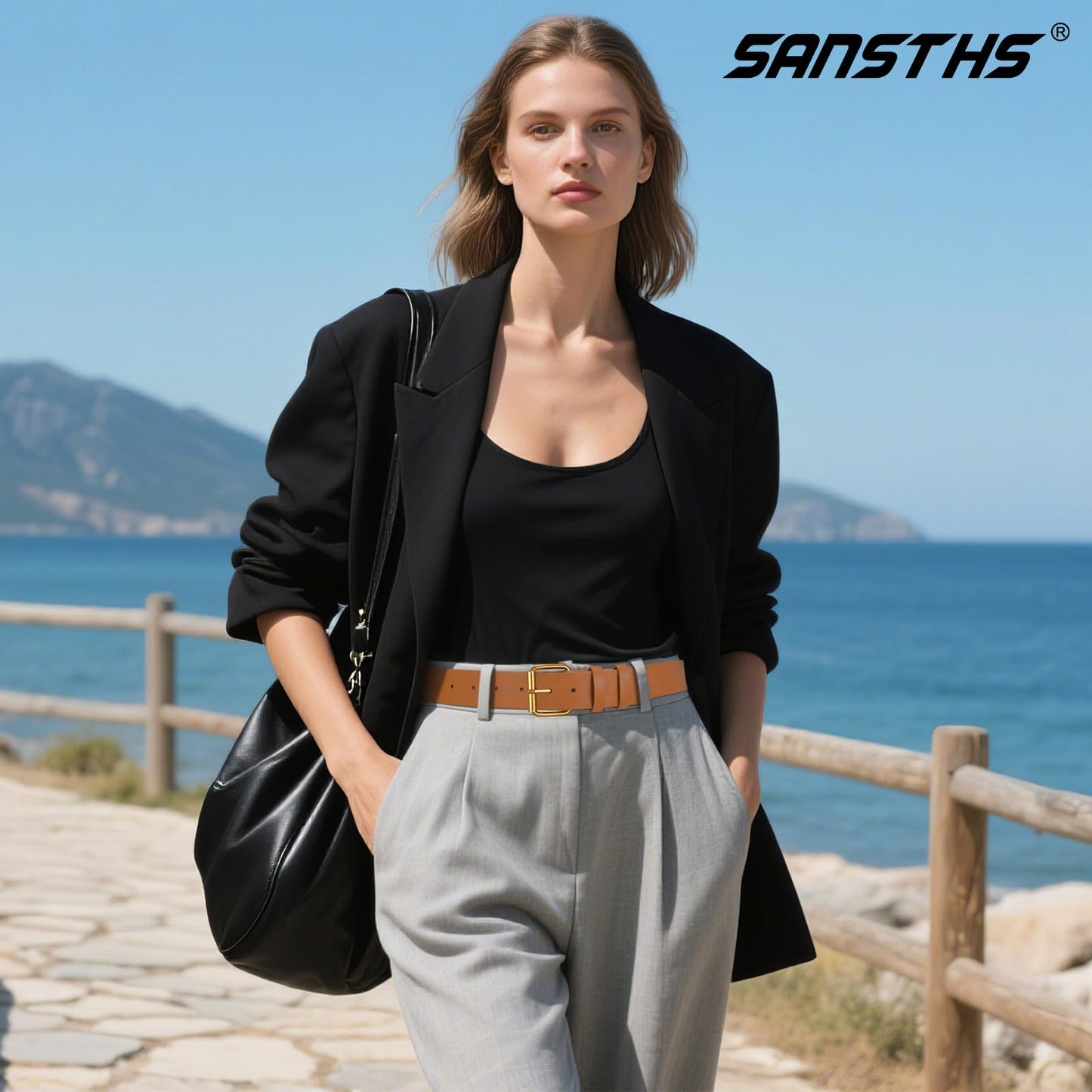 SANSTHS Belts for Women for Jeans Coats Dresses, Leather Belt Women with Classic Bronze Buckle, Brown L