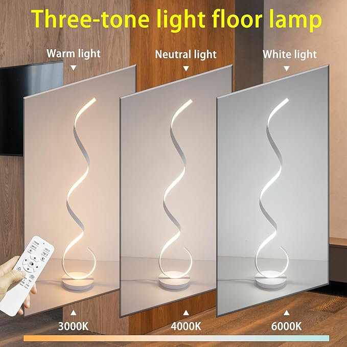 57inch Spiral LED Floor Lamp, Torchiere Super Bright Floor Lamp for Living Rooms & Offices - 3 Light Color Remote Dimmable, Tall Standing Lamp for Bedroom Reading (White)