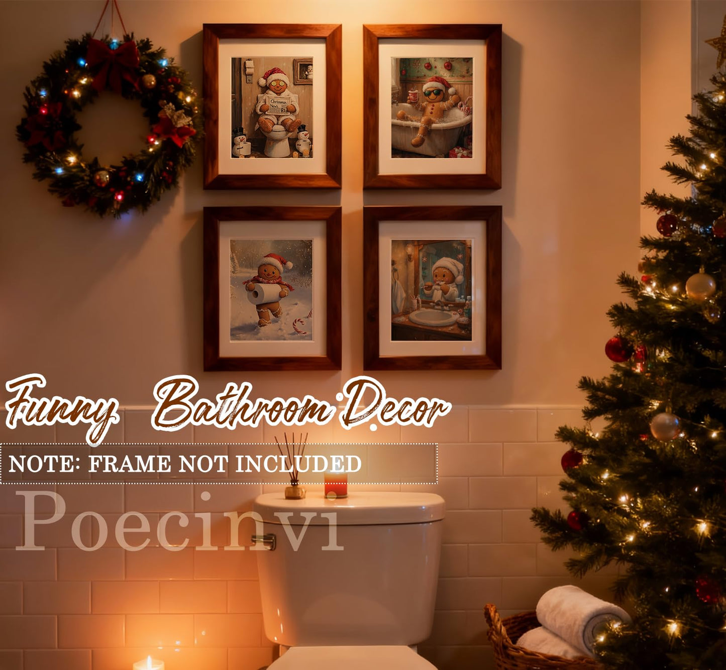 Poecinvi Funny Christmas in July Gingerbread Man Bathroom Wall Art Prints Set of 4, Funny Christmas Bathroom Decor, Gingerbread Man Posters Pictures Wall Decor for Bath Room Washroom, 8x10 Unframed