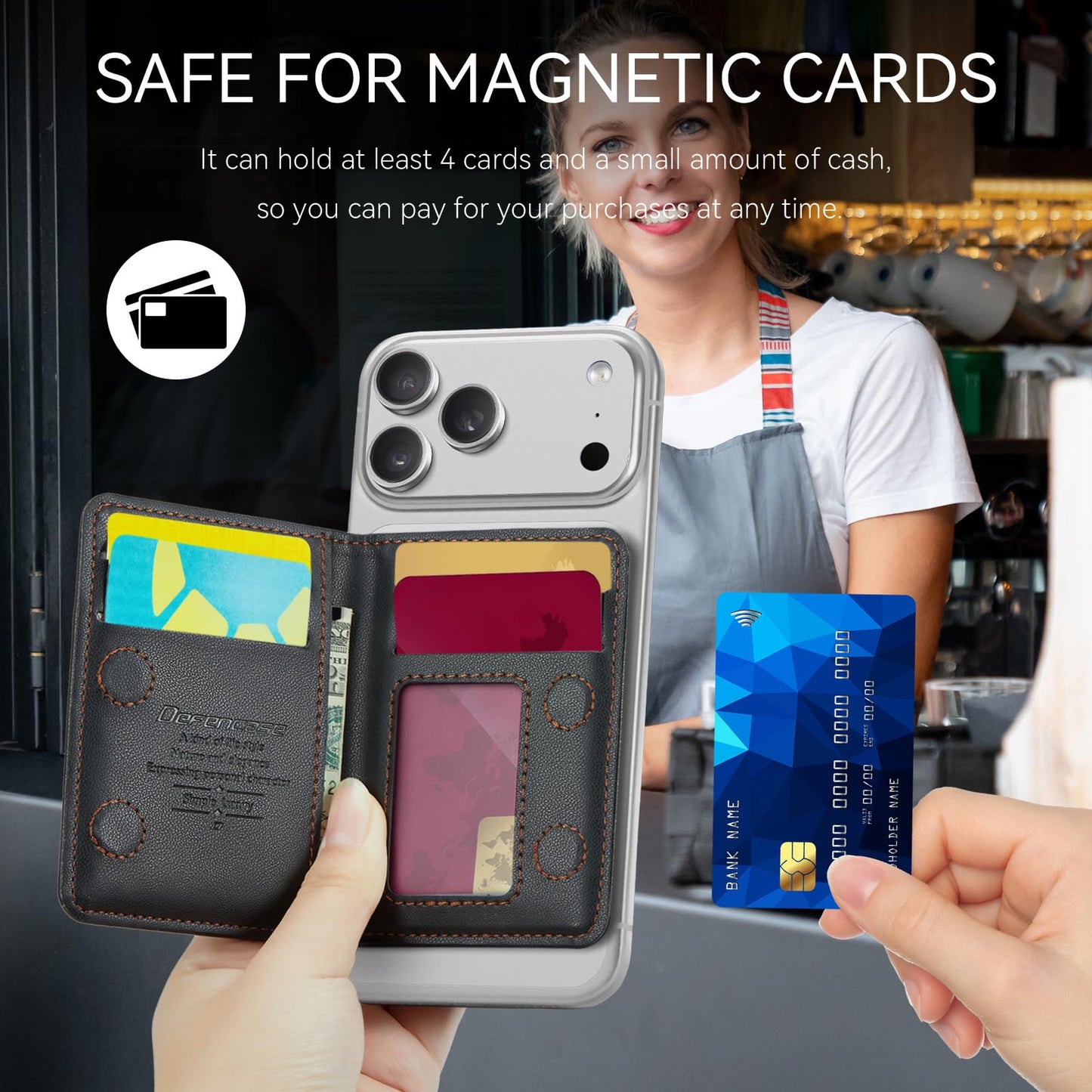 Defencase for Magsafe Wallet Magnetic Card Holder RFID Blocking, PU Leather Minimalist Phone Wallet for MagSafe Phones and Cases for iPhone 17/16/ 15/14/ 13/12/ Pro/Max/Plus/Air, Black
