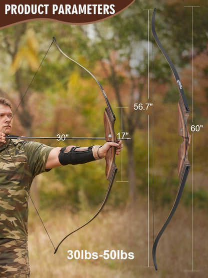 TOPARCHERY Recurve Bow Set for Adult & Beginner, 60" Wooden Takedown Recurve Hunting Bow for Outdoor Training Practice Right Handed 25-60LB (Brown, Right Hand, 30, Pounds)