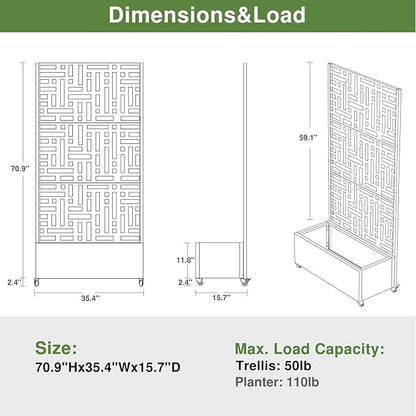 Casaphoria Metal Raised Garden Bed with Trellis and Wheels, 72"x35"x16" Planter Box for Climbing Plants, Vegetables & Vines, Features Drainage Holes and Privacy Screen (Black-Helen)
