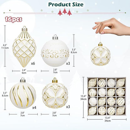 16PCS Shatterproof Christmas Ball Ornaments Set, Hand-Painted Holiday Decor with Assorted Sizes & Designs for Christmas Tree Thanksgiving Party Decoration, Gold-White