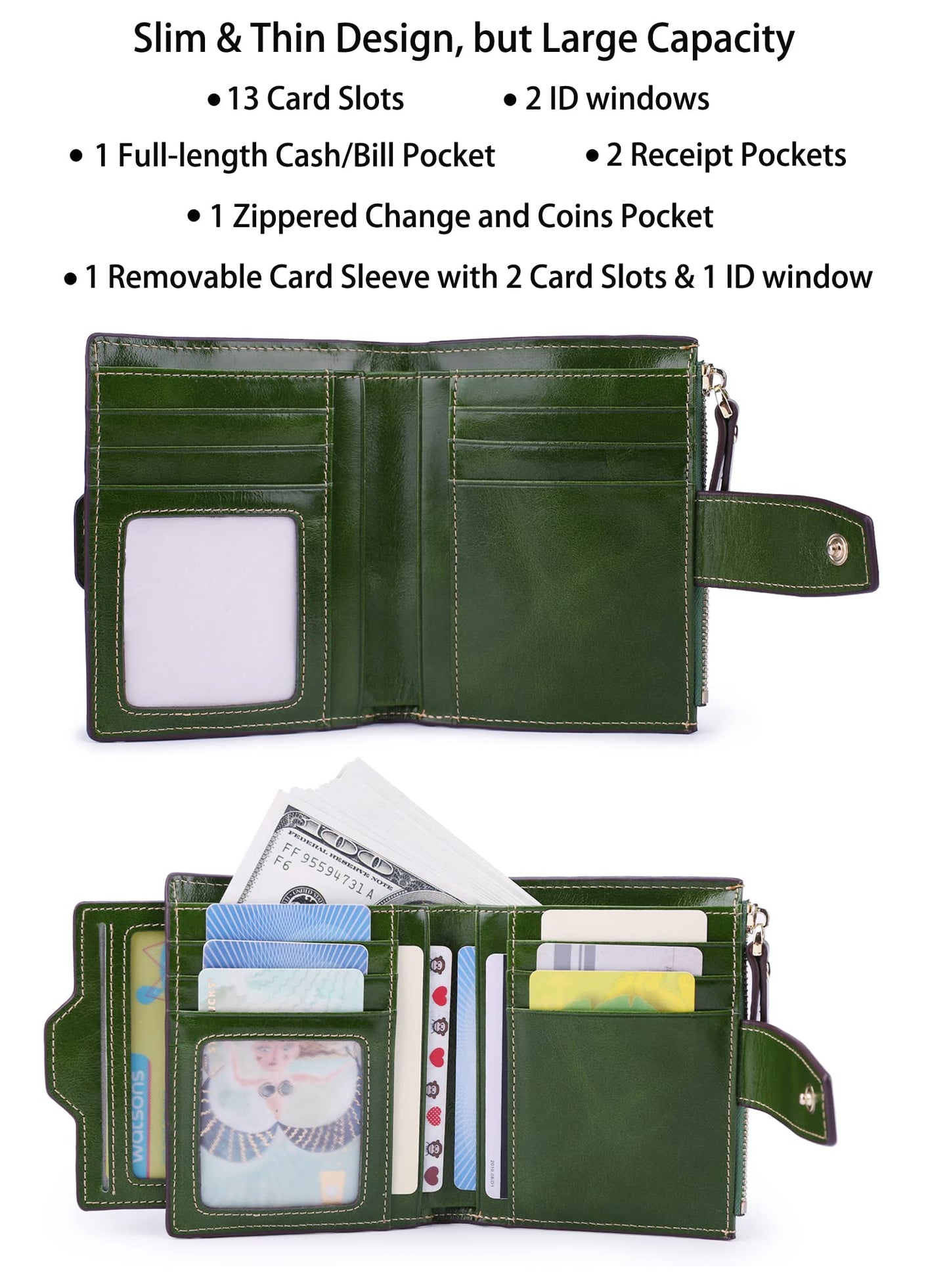 AINIMOER Women's RFID Blocking Leather Bi-fold Wallet, Waxed Green