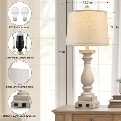 28" Tall Farmhouse Table Lamps Set of 2 with USB C+A Ports and AC Outlet, 3 Way Touch Control Rustic Bedside Lamp for Bedroom, Beige Vintage Nightstand Lamp for Living Room Office