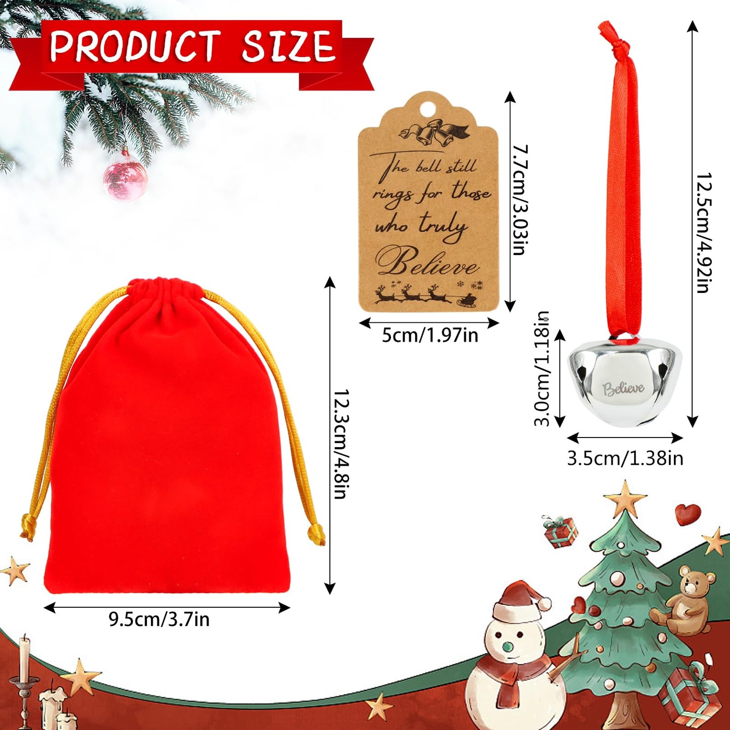Bylion 12 Sets Christmas Polar Santa Sleigh Bell Set with Reindeer Bell, Red Velvet Bag with Golden Drawstring for Tree Home Decor Keepsake Gifts