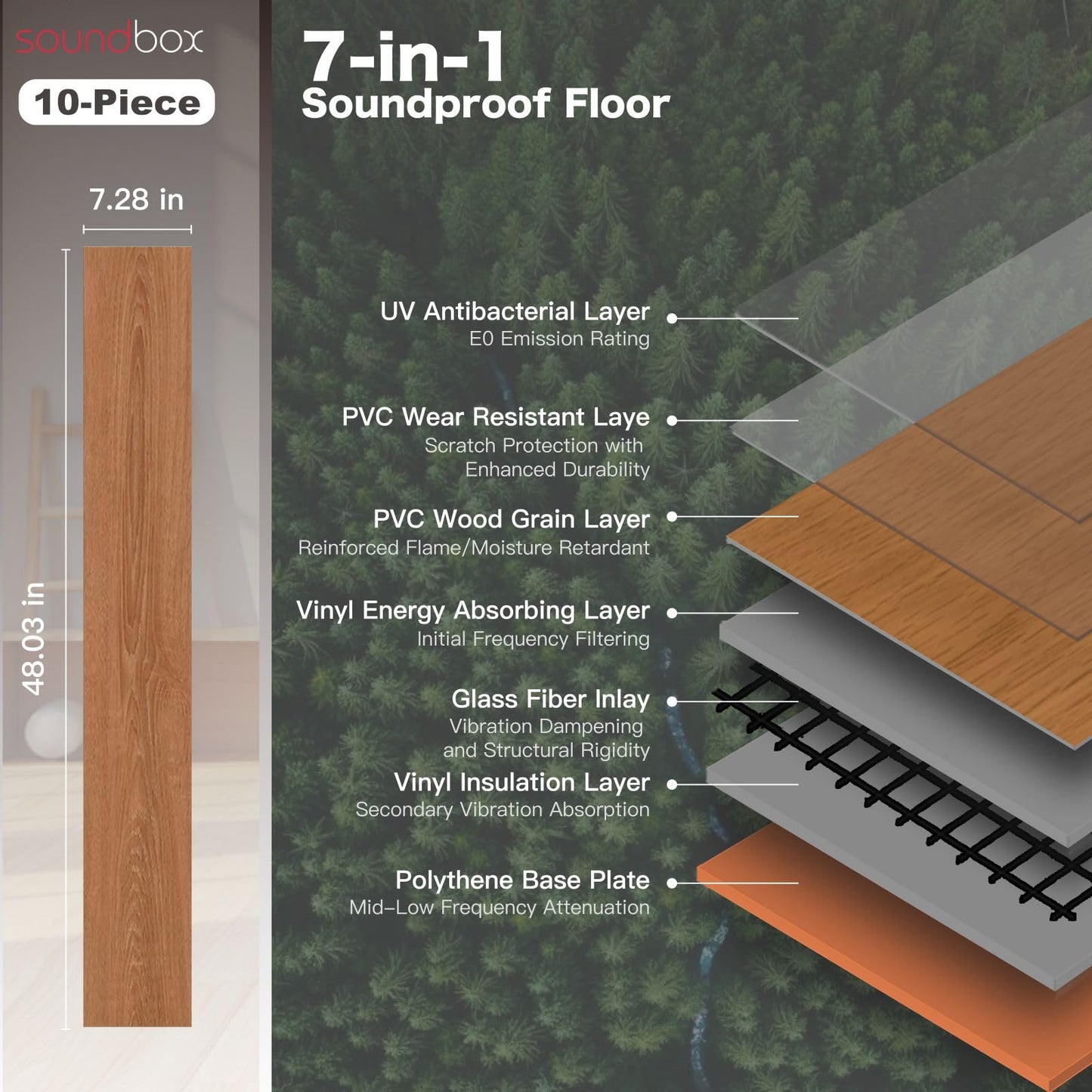 Soundbox Noise Reducing Floor Mats 10PCS, Quiet Wood Grain Vinyl Floor Tiles 48x7.3 Inch, Waterproof Anti-Slip Floor Covering,Easy Lay Installation for Bedroom, Living Room