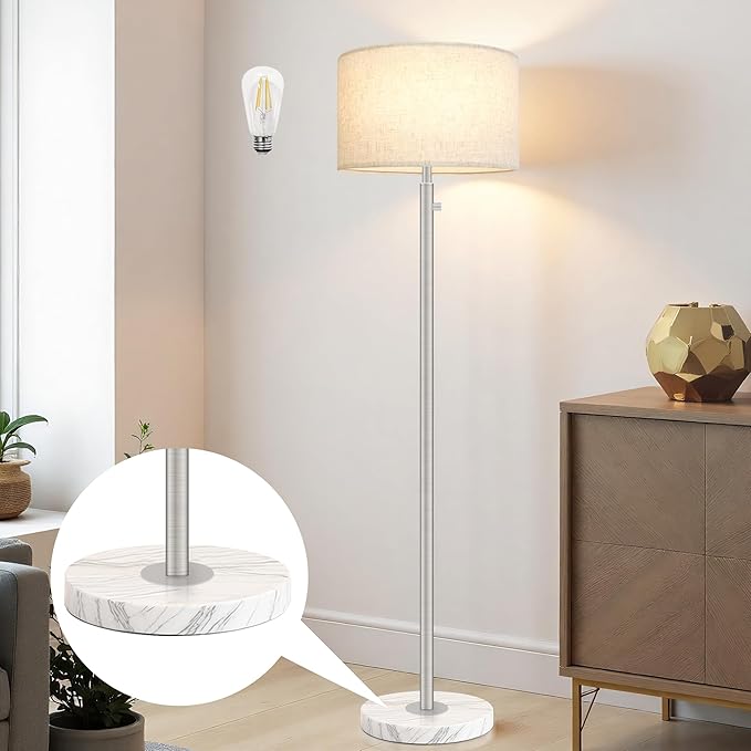 Floor Lamp for Bedroom,Dimmable Brushed Nickel Floor Lamp,Modern Standing Lamp with Marble Base,Tall Standing Lamp for Bedroom, Reading,Office & Kids' Room,LED Bulb Included