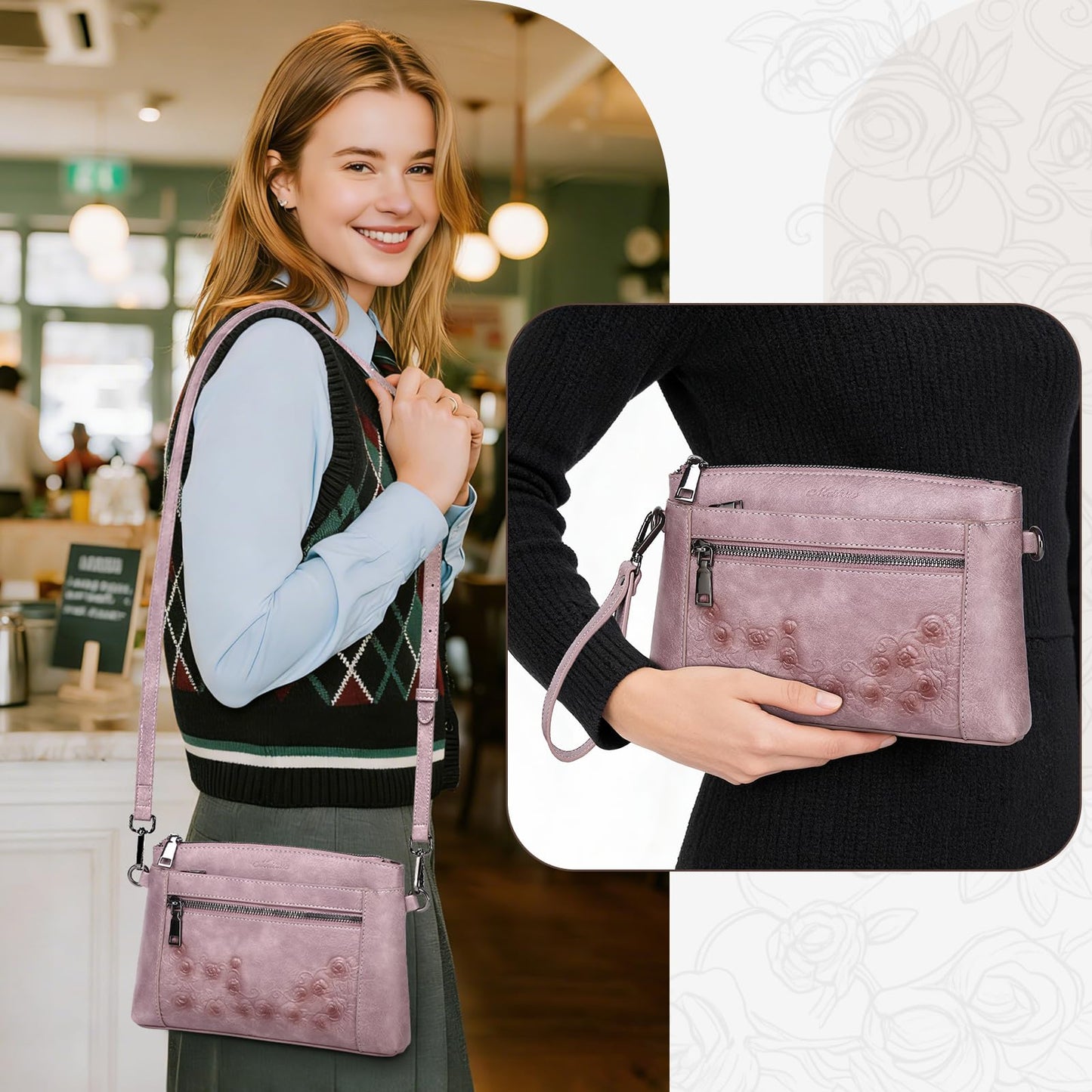 MEITRUE Wristlet Wallets Clutch Purses for Women - Rose Embossed Vegan Leather Small Crossbody Bag Mini Cell Phone Wallet Purse with Adjustable Strap & Card Pockets