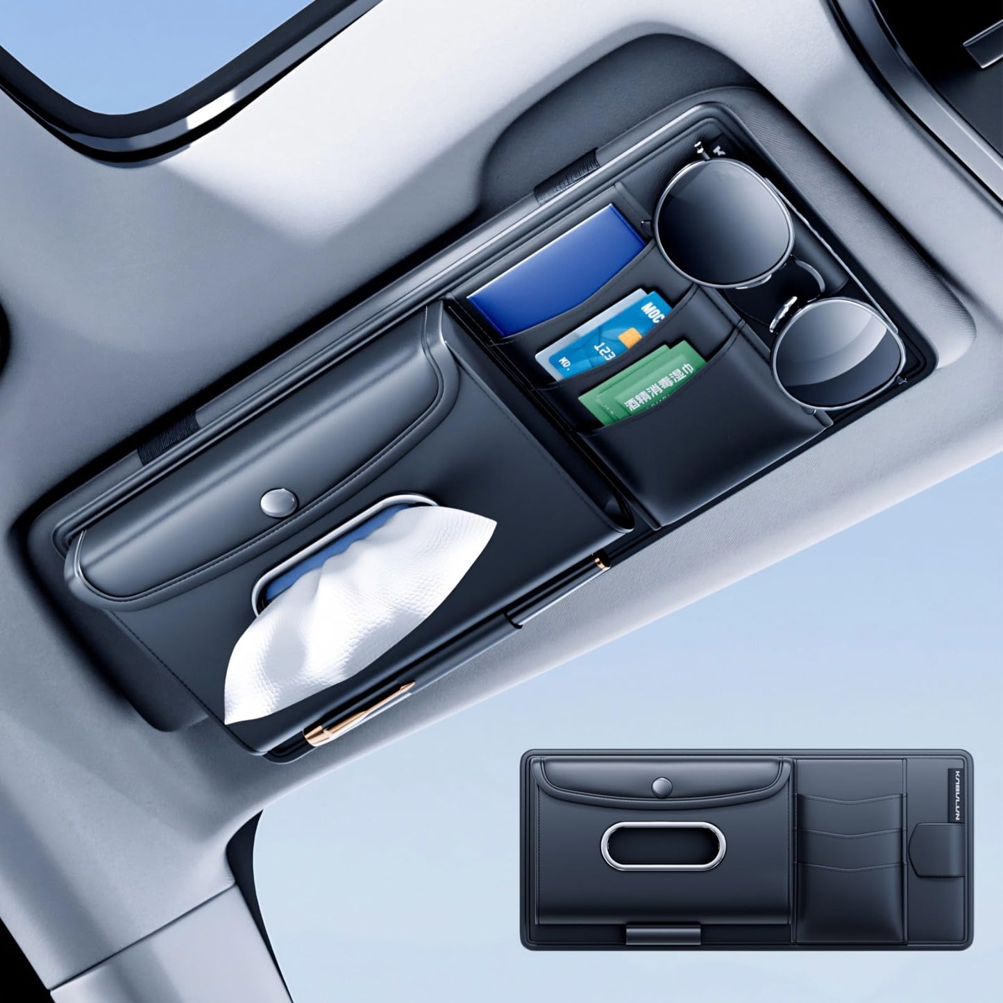 ULPOCMU Leather Car Visor Organizer with Tissue Holder, Card Holder and Sunglasses Clip