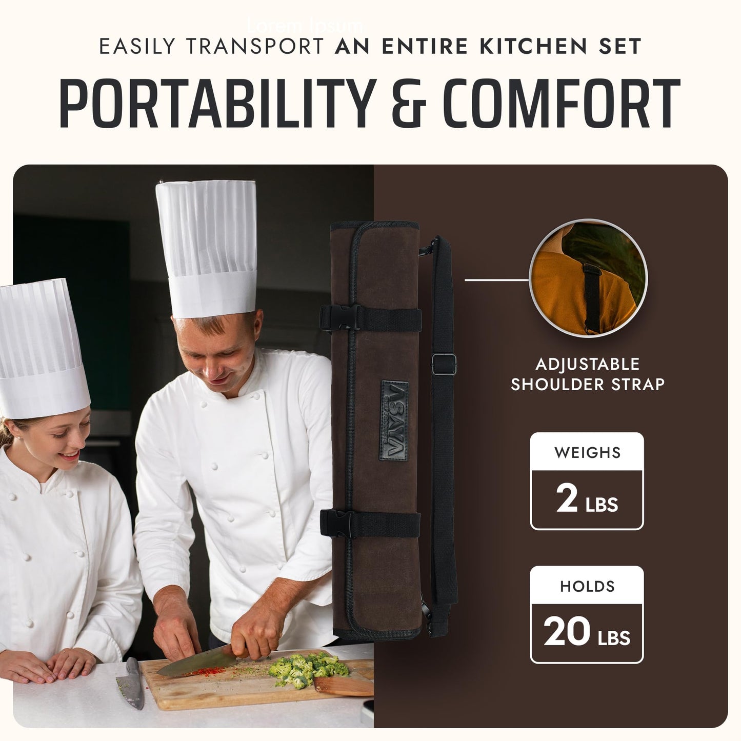 Asaya Waxed Canvas Chef Knife Roll Bag with 10 Slots and a Zipper Pocket - Professional Chef Knife Bag & Storage Case, with Shoulder Strap - Knives Not Included (Brown)