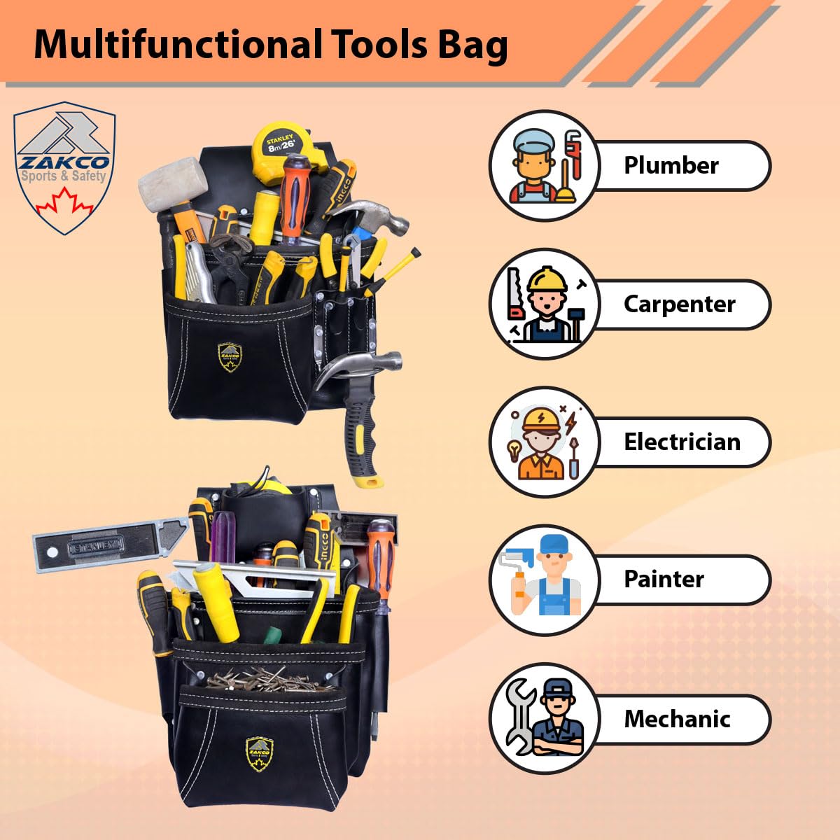 ZAKCO PRO-19 Genuine Grain Leather Multi Pockets Construction Tool Rig, Carpenter Tool Belt, 2 Leather Tool Pouches, Pro Style Tool Belt for Framers, Handyman, Drywall & Roofers (BLACK, Full Size)