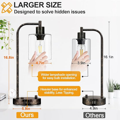 Set of 2 Industrial Table Lamps with USB Port, Rustic Black Fully Stepless Dimmable Bedside Lamps for bedrooms, Nightstand Desk Lamps with Clear Glass Shade for Reading Living Room Office 2 LED Bulb