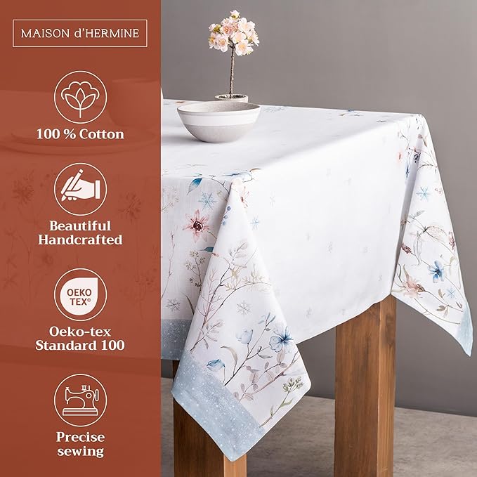 Maison d' Hermine Table Cloth Rectangle Table 100% Cotton 60 x 90 Inches Fall Tablecloth Reusable Everyday Use for Thanksgiving Christmas Decorations Dining Farmhouse Party (Ice Florals)