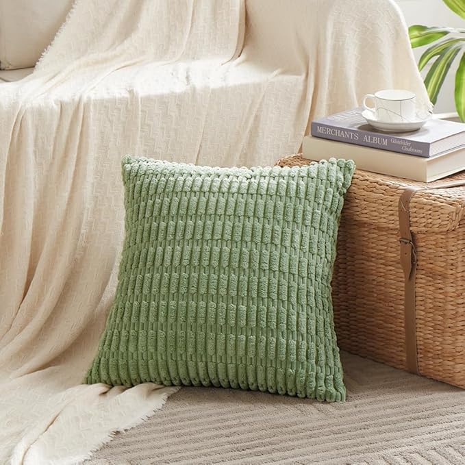 Fancy Homi Sage Green Decorative Throw Pillow Covers 20x20 Inch for Living Room Couch Bed Sofa, Soft Striped Corduroy Square Cushion Case 50x50 cm, Rustic Farmhouse Boho Home Decor