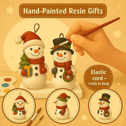 Christmas Snowman Ornament Set of 2 – Hand-Painted Resin Figurines with Hanging Cord, Cute Holiday Decorations for Tree, Mantel, or Gift – 4" Tall Lightweight Christmas Decor (Snowmen)