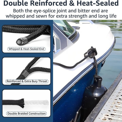 PACTHSD 1/2" x 8' Boat Fender Lines (4-Pack) - Double Braided Nylon Dock Lines for Boats - Marine Grade Fender Ropes with 10" Eye Loop - Soft, Durable Boat Accessories for Pontoon and Small Boats