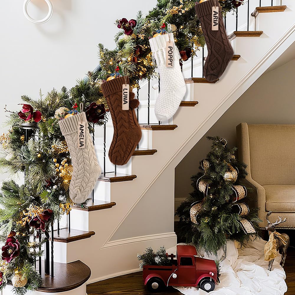 Teeanzo 4 Pack 18 Inches Christmas Knitted Hanging Stockings, Xmas Large Farmhouse Rustic Neutral Cable Knit Personal Stockings Decorations for Christmas Tree Fireplace Family Holiday Party Decor