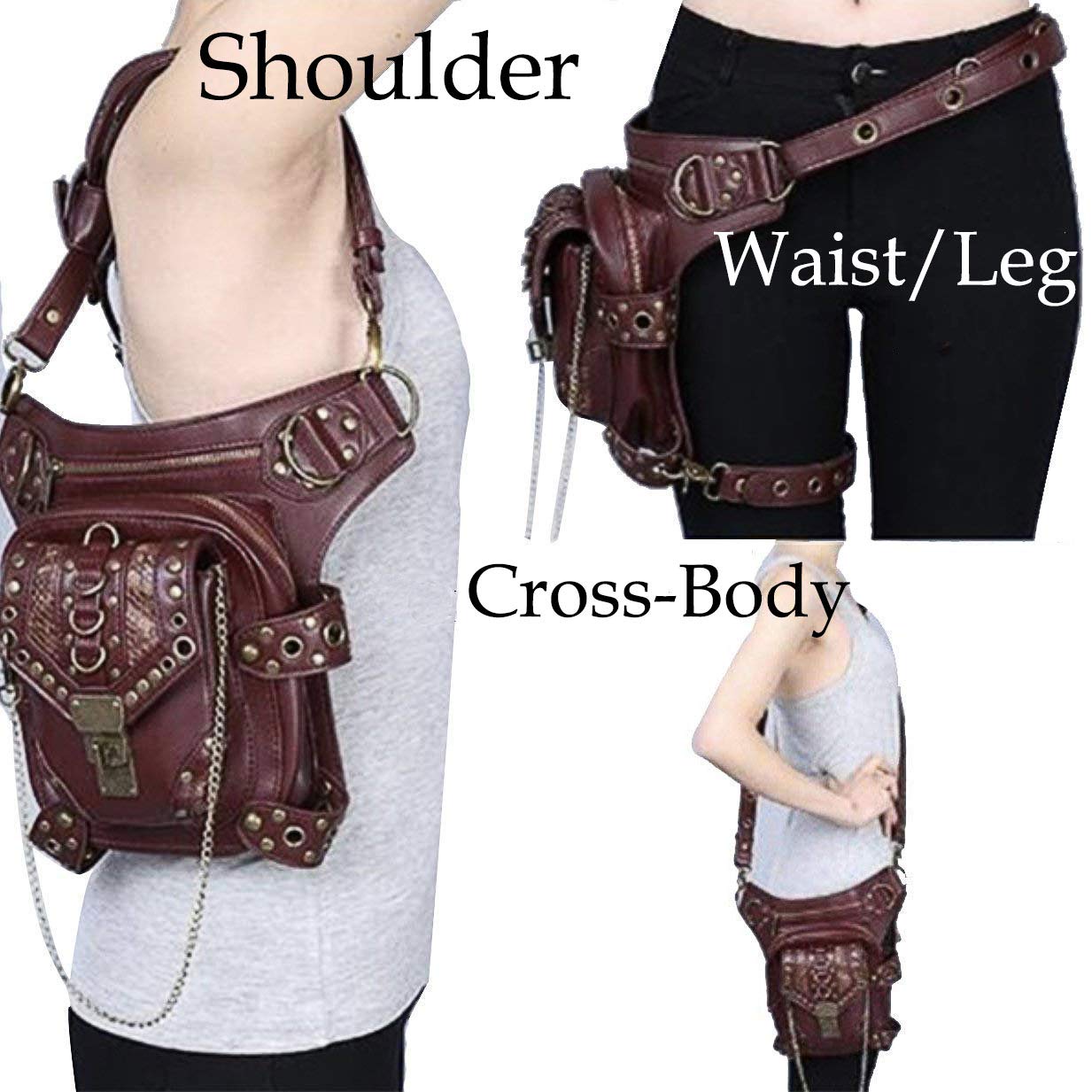 Steampunk Waist Bag Fanny Pack Fashion Gothic Leather Shoulder Crossbody Messenger Bags Thigh Leg Hip Holster Purse Travel Pouch Hiking Sport Chain Bags for Women Men brown