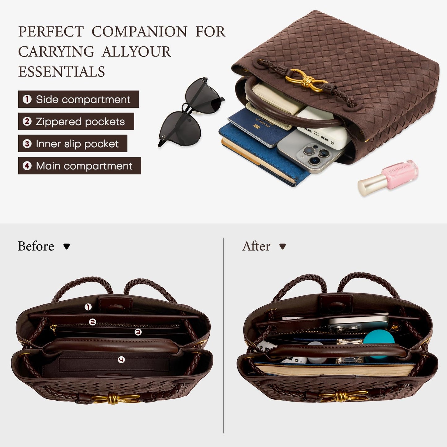 Suede Woven Tote Bag for Women Leather Shoulder Handbag Designer Top Handle Purses(Chocolate Color)