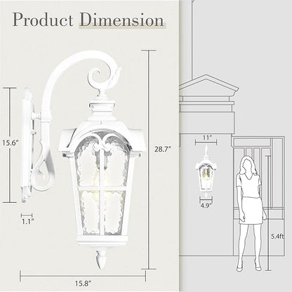 Emliviar 1-Light 28.7" Wall Sconce with Water Grain Glass, Vintage Farmhouse Wall Lamp for House Porch, White Finish in Die-cast Aluminum, WE215BL WH