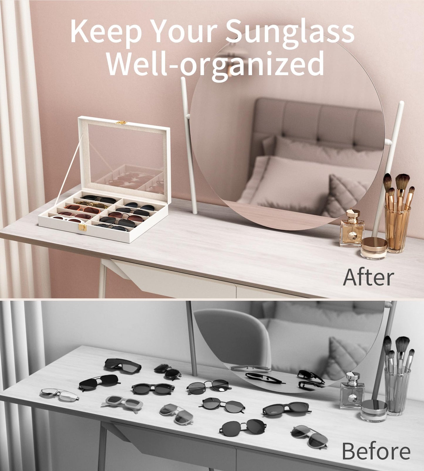 NEWLOOP Sunglass Organizer for Women Men - Multiple Pair of Sunglasses Storage Box Eye Glass Watch Leather Display Case with 10 Slots White