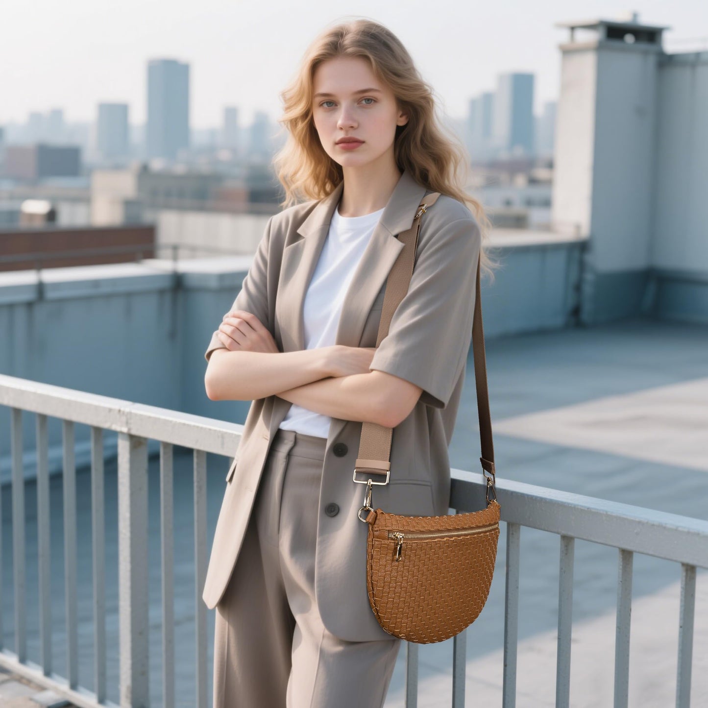 AMZFROG Woven Crossbody Bag for Women Stylish Casual Oversized Bum Bag Sling Purses Vegan Leather Fanny Pack Chest Bag with Adjustable Strap for Outdoor Travel Brown