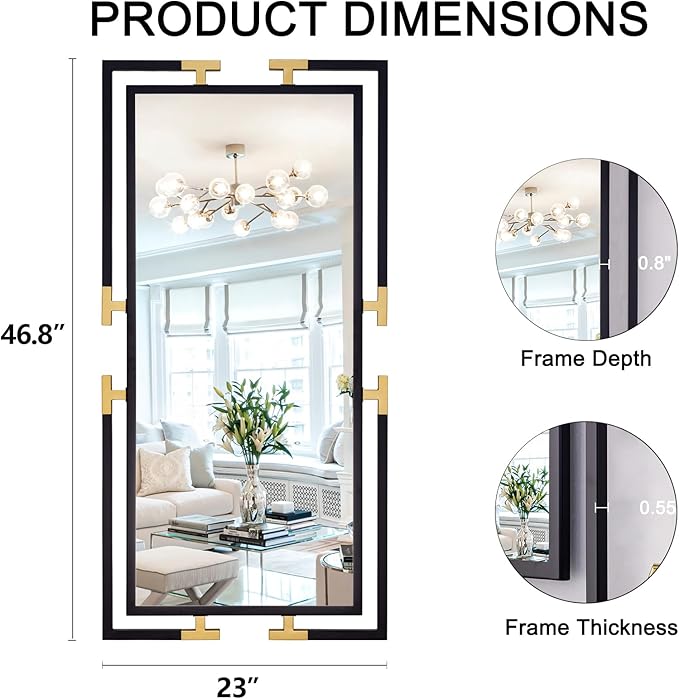 Large Mirror Wall Decor, 46.5"x23" Mirror with Black and Gold Metal Frame for Bedroom, Living Room, Bathroom, Horizontal/Vertical