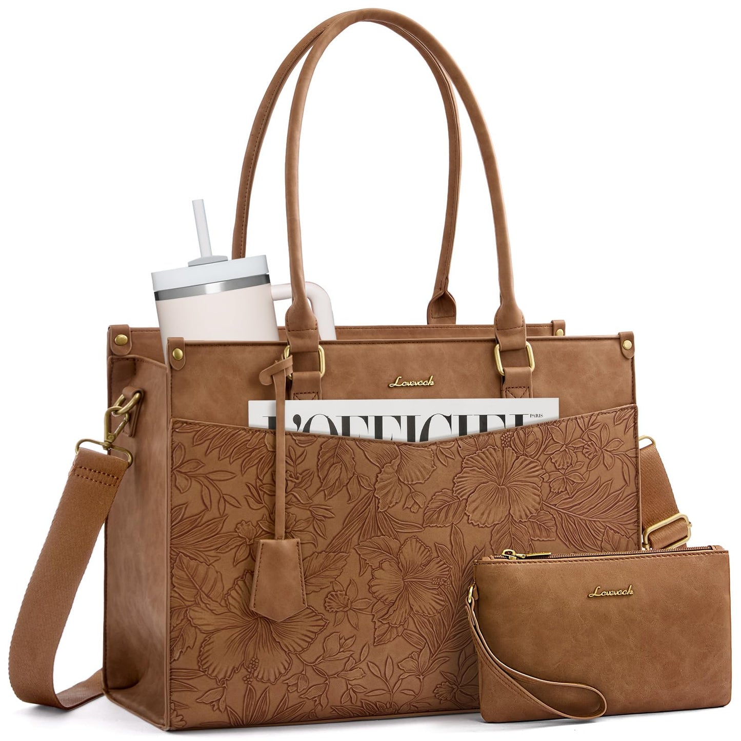 LOVEVOOK Laptop Bag for Women 15.6 inch, 2-in-1 Leather Structured Briefcase with Compartments and Clutch, Large Capacity Waterproof Multi Pocket Tote Bag, Brown