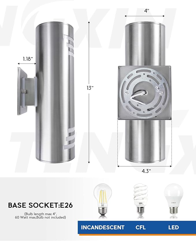 TENGXIN 2 Pack Dusk to Dawn Patio Wall Light Cylinder,Up Down Modern Outdoor Wall Sconce with Stainless Steel Cylinder,Brushed Nickel Exterior Lighting Fixtures