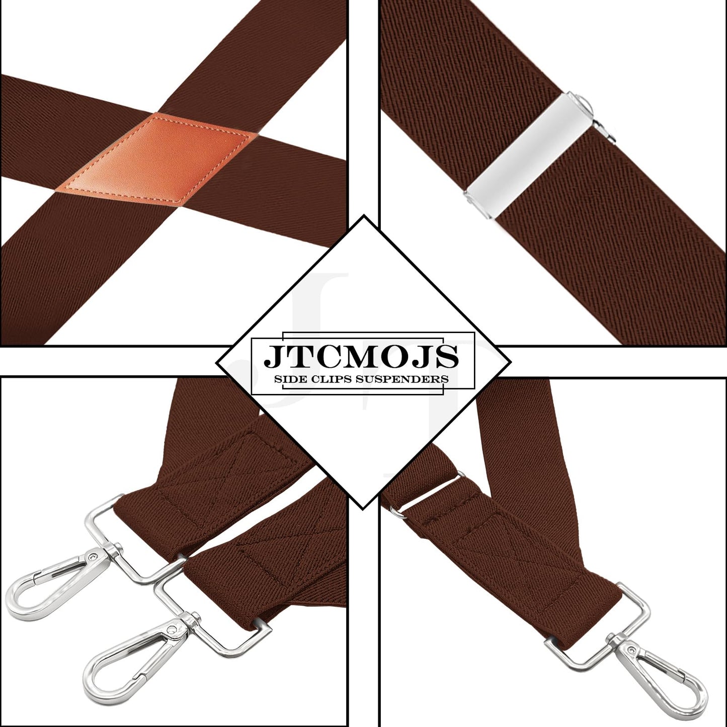 JTCMOJS Side Clip Suspenders for Men Heavy Duty X Back Braces Faux Leather Brown Suspenders for Men Big and Tall