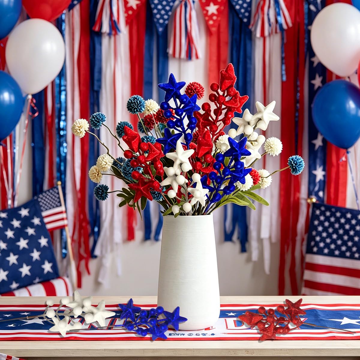 BASEMMAHER 6 Pcs Patriotic Glitter Puffy Star Berry Picks Foam Sparkly Sticks 4th of July Artificial Red White Blue Faux Berry Flower Branches for Independence Day Party Table Centerpieces Vase Decor