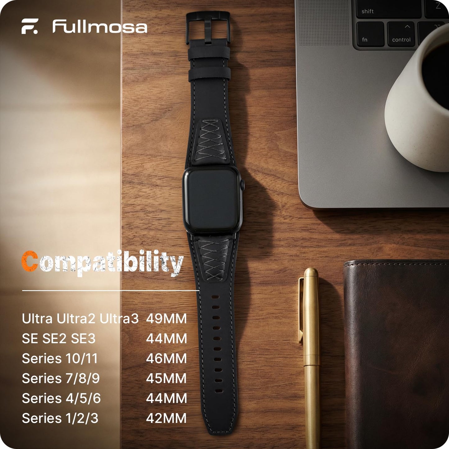 Fullmosa Leather Band Compatible with Apple Watch Ultra 3/2/1 Band 49mm 46mm 45mm 44mm 42mm Men, Top Grain Leather Replacement Strap for iWatch series 11 10 9 8 7 6 5 4 3 2 1, SE 3 2 1,Black+Black
