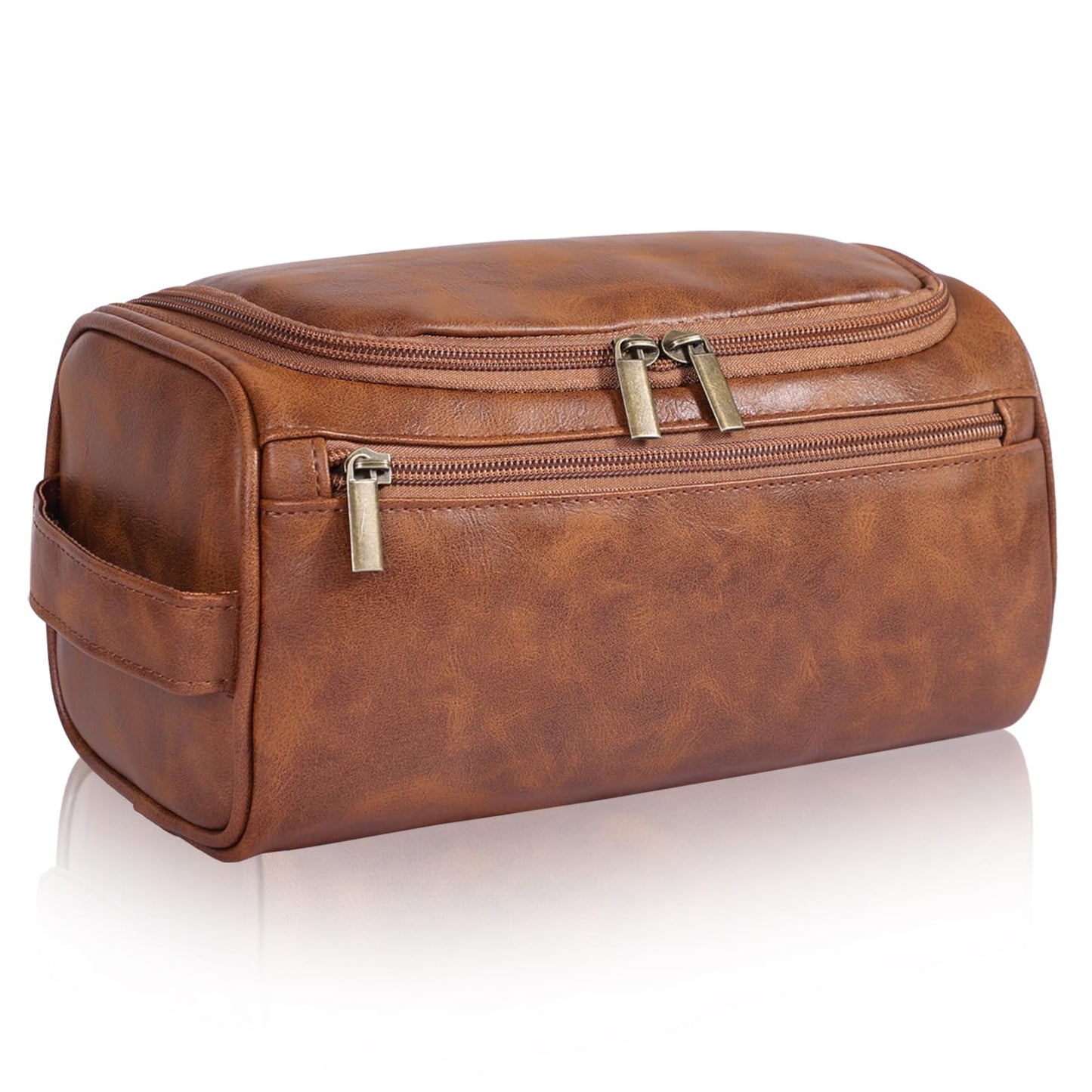 Seozata Toiletry Bag for Men, Hanging Travel Shaving Dopp Kit for Men and Women, Water-resistant Toiletries Organizer Bags, PU Leather Cosmetic Bags for Makeup Accessories (Light Brown)