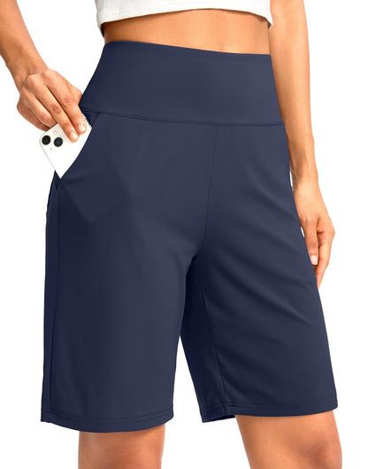 G Gradual Women's Bermuda Long Shorts with Pockets 9" High Waisted Knee Length Shorts for Women Walking Athletic Workout(Navy,S)