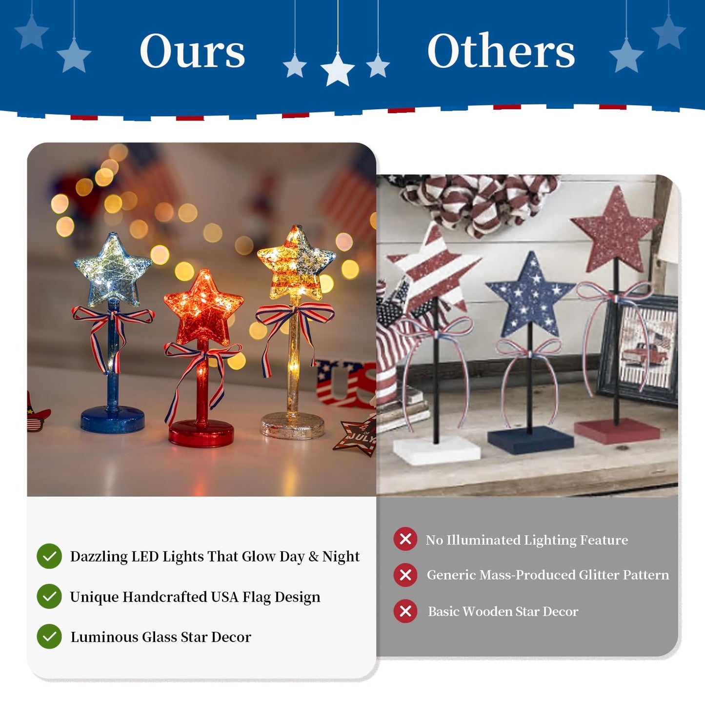 Glasseam 4th of July Decorations Centerpiece: 3PCS Memorial Day Decorations for Table Red White and Blue Lights with Timer Mercury Glass Patriotic American Flag Stars Lights for Home Party Ornaments