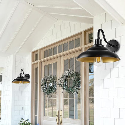Outdoor Gooseneck Barn Light, 12 Inch Farmhouse Exterior Wall Mount Light, Outdoor Sconce Wall Lighting Fixture, Outside Industrial Black Lantern, Gold Interior, 3 Pack