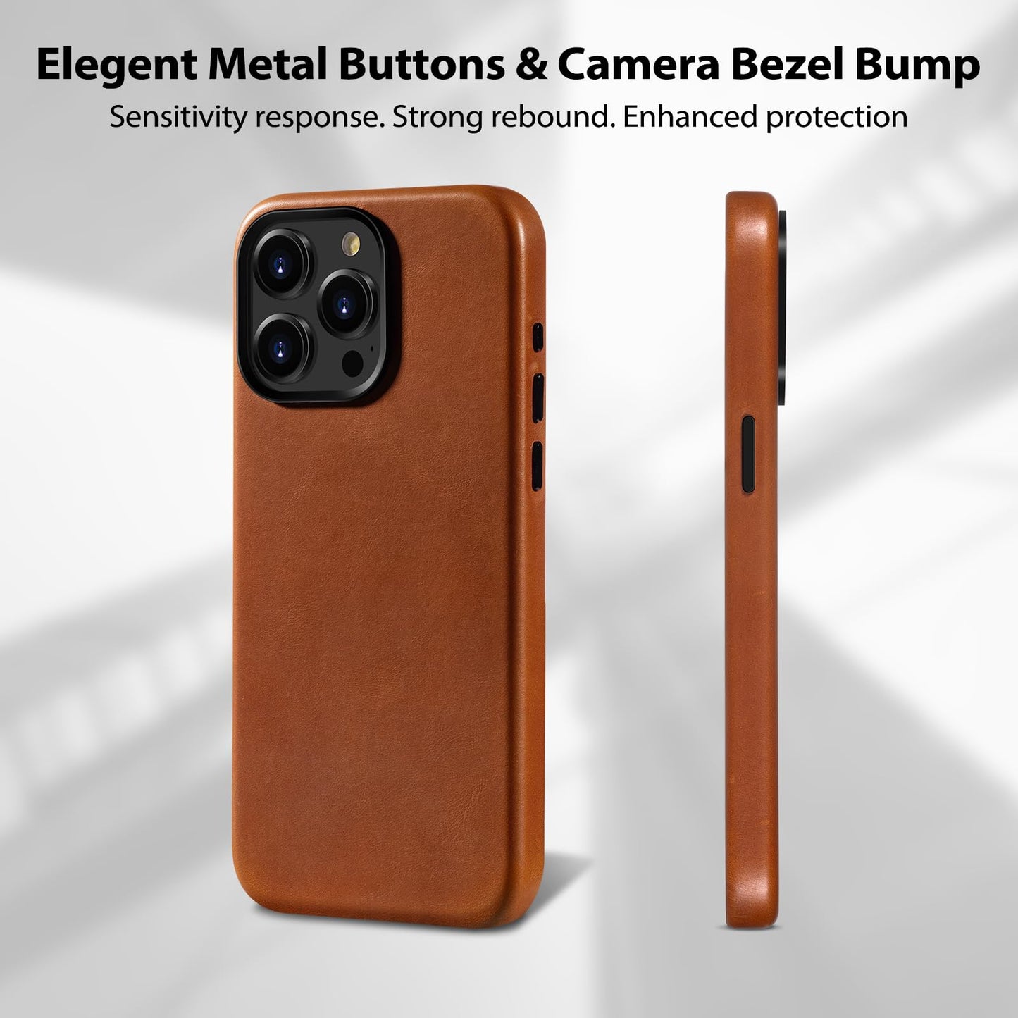 Belemay for iPhone 13 Pro Max Leather Case Compatible with MagSafe, Full-Grain Vegetable-Tanned Leather, Metal Buttons & Camera Bezel - Slim Fit&Sleek- Luxury Phone Cover (6.7-inch)-Saddle Brown