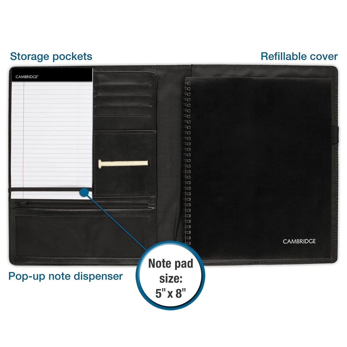 Cambridge Limited Business Notebook, 8-1/2" x 11", 50 Sheets, NoteTaker Portfolio and Refillable Notebook with 5" x 8" Notepad and Business Card Pocket, Zipper Mesh Pocket, Black (06126)