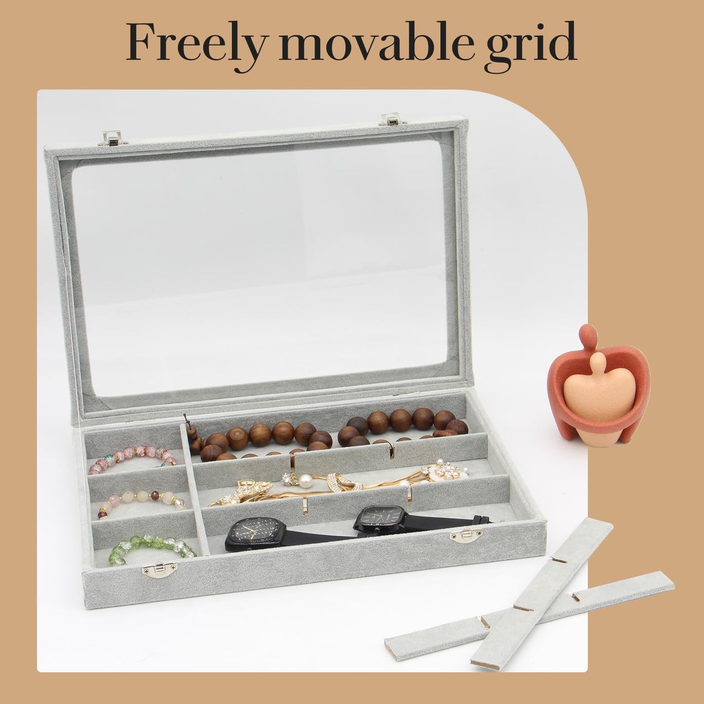 KOOAAICCHI Jewelry Organizer Bracelet Organizer Storage Box 12 Grid Stackable Jewelry Tray with Lid Velvet Jewelry Box Case Organizer for Home Drawer Desk or Store Selling Show(Velvet Grey)
