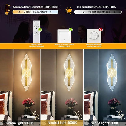Gold Wall Lights 22.4In Indoor Wall Sconce with Remote Control LED Dimmable Wall Lights for Living Room Hallway Bathroom Bedroom Stairs
