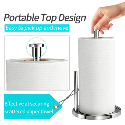 Paper Towel Holder Countertop, Standing Paper Roll Holder with Anti Slip Weighted Base, Stainless Steel Freestanding Paper Towel Holder for Kitchen, Chrome