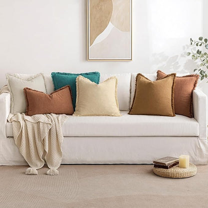MIULEE Decorative Throw Pillow Covers Neutral Linen Fringe Throw Pillows Set of 2 Teal Boho Farmhouse Cushion Covers with Tassels for Couch Sofa Bed Living Room Spring Home Decor 20x20 Inch