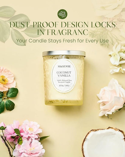 M&SENSE Coconut Vanilla Scented Candle, Cracking Wooden Wick Soy Wax, 18oz 100 Hours Long Lasting Clean Burn, Large Jar Candles for Home Decor, Non-Toxic Relaxing Aromatherapy Gifts for Women
