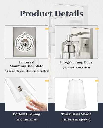 EAPUDUN Bathroom Light Fixtures, Modern Farmhouse 1-Light Bathroom Vanity Light Fixtures, Indoor Wall Lamp in Brushed Nickel Finish, Clear Glass Shade Wall Sconces, WLA1395-BNK