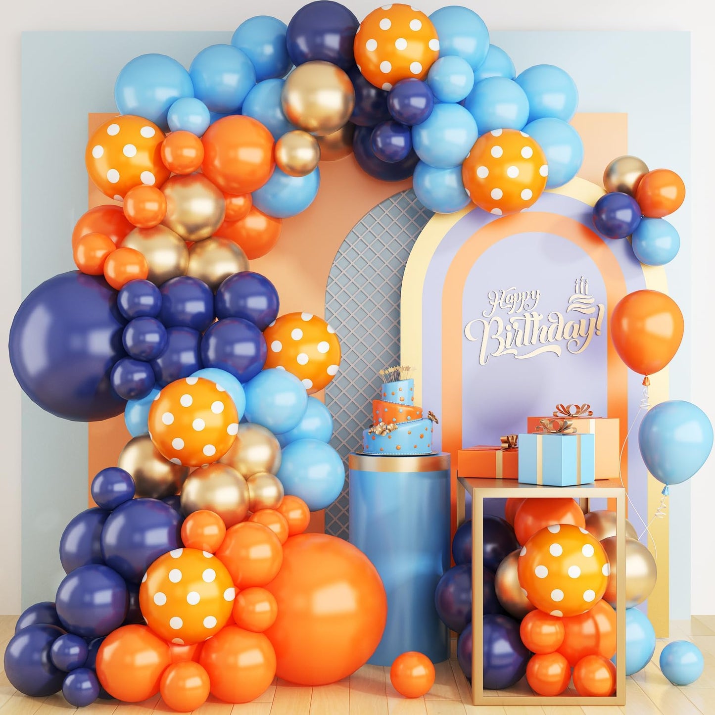 Blue and Orange Balloons Arch Kit, 108 Pcs Navy Blue Balloon Garland Kit with Metallic Gold Orange Dot Latex Balloons for Kids Boys Cartoon Theme Party Baby Shower Boys Birthday Decorations
