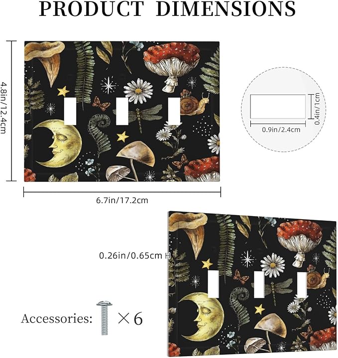 Nature Plant Botanical Daisy Mushroom Snails And Moon 3 Gang Wall Plates Decorative Triple Toggle Light Switch Cover Electrical Switchplate Unused Decorate Faceplate for Bathroom Home